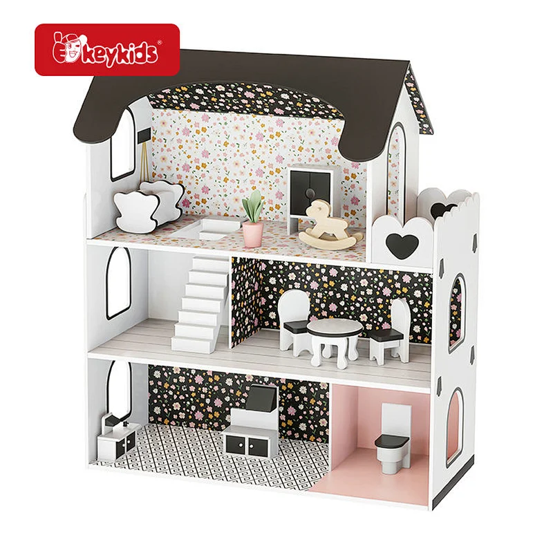FSC Certified Girls 5 Rooms Wooden Doll House with Furniture Accessories W06A380J